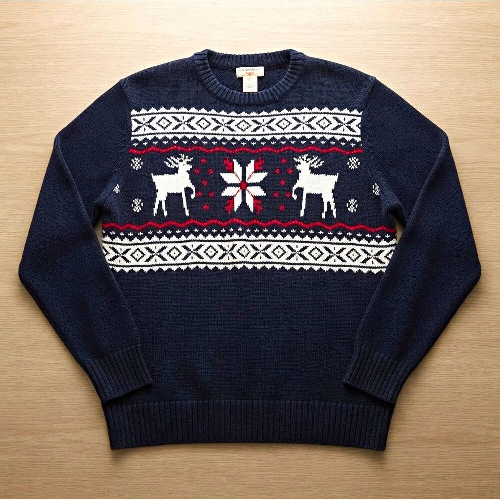 Dockers Mens L Fair Isle Reindeer Crewneck Pullover Sweater Cotton Black